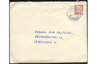 20 øre Fr. IX på brev annulleret med pr.-stempel Tranum pr. Brovst d. 26.7.1949 til København.