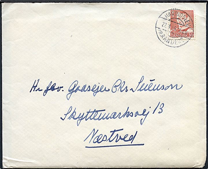 30 øre Fr. IX på brev annulleret med pr.-stempel Harridslev pr. Randers d. 27.1.1955 til Næstved.