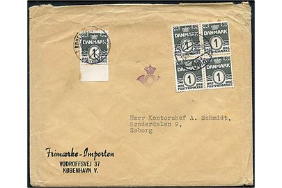 1 øre Bølgelinie i single og fireblok på lokal tryksag i København d. 19.11.1941 til Søborg. Violet kronet posthorn tryksagskontrolstempel.