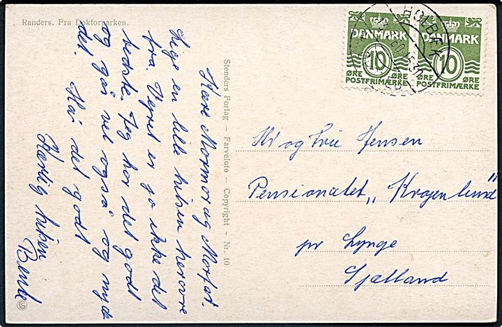 10 øre Bølgelinie i parstykke på brevkort annulleret med pr.-stempel Holbæk pr. Ørsted d. 13.7.1960 til Lynge.