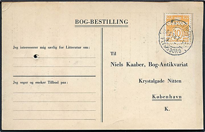 10 øre Bølgelinie på tryksagskort fra Aabenraa annulleret med bureaustempel Fredericia - Flensborg T.917 d. 8.1.1934 til København.