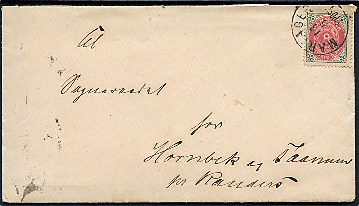 8 øre Tofarvet 44. tryk på brev med indhold dateret Kjellerup annulleret med lapidar Mariager d. 16.5.1887 til Hornbæk og Taanum Sogneraad pr. Randers.