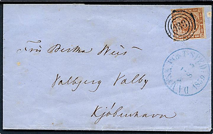 4 sk. 1858 udg, på brev annulleret med nr.stempel 188 og sidestemplet i BLÅ farve DAMPSK:POST-STED: No. 5 d. 7.8.1859 til Valby pr. Kjøbenhavn.