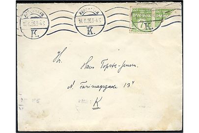 7 øre Bølgelinie i single og halveret på 10½ øre frankeret lokalbrev i København d. 14.6.1926. Ikke udtakseret i porto.