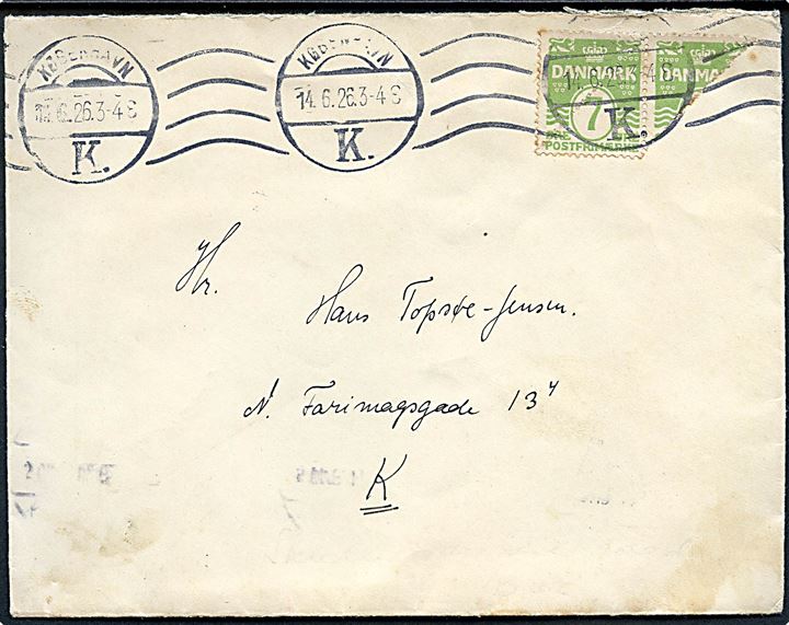7 øre Bølgelinie i single og halveret på 10½ øre frankeret lokalbrev i København d. 14.6.1926. Ikke udtakseret i porto.