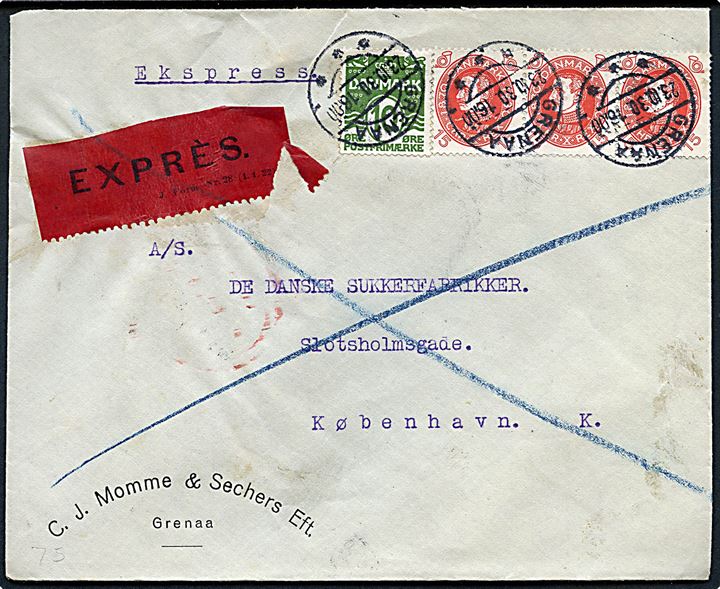 10 øre Bølgelinie og 15 øre Chr. X 60 år (3) på ekspresbrev fra Grenaa d. 23.10.1930 til København.