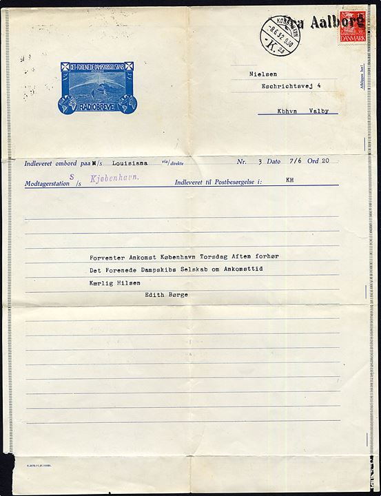 15 øre Karavel på DFDS radiobrev (K.3572.11.31.100Bl.) fra M/S Louisiana modtaget ombord på provinsbåden S/S Kjøbenhavn stemplet Fra Aalborg og sidestemplet København d. 8.6.1932 til København.