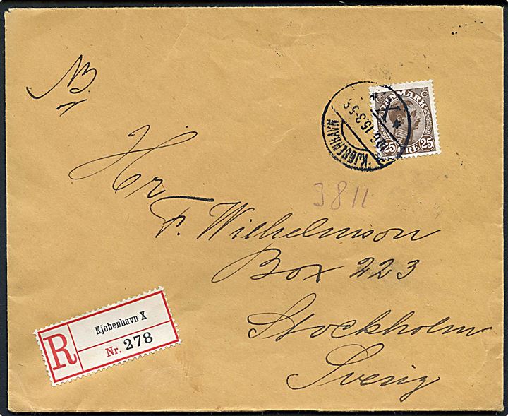 25 øre Chr. X single på anbefalet brev fra Kjøbenhavn d. 10.6.1915 til Stockholm, Sverige.