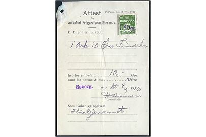 10 øre Bølgelinie annulleret med liniestempel Søborg på Attest for Indkøb af Frigørelsesmidler m.v. dateret d. 4.9.1922. Skrammer i venstre hjørne.