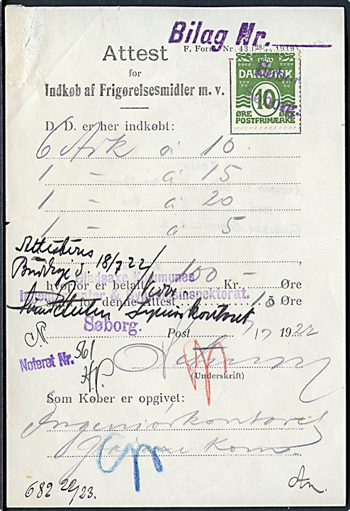 10 øre Bølgelinie annulleret med liniestempel Søborg på Attest for Indkøb af Frigørelsesmidler m.v. dateret d. 7.7.1922. Skrammer i venstre hjørne.