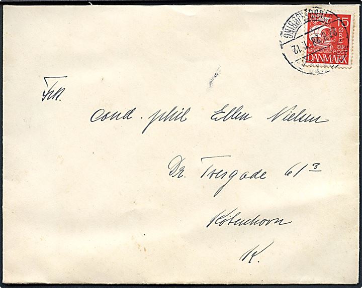 15 øre Karavel på brev fra Idestrup annulleret med bureaustempel Nykjøbing F. - Stubbekjøbing T.12 d. 27.8.1928 til København.