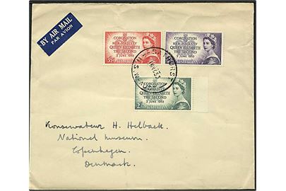 Komplet sæt Elizabeth Coronation på luftpostbrev fra Bathurst d. 16.11.1953 til København, Danmark.