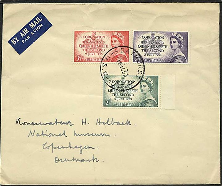 Komplet sæt Elizabeth Coronation på luftpostbrev fra Bathurst d. 16.11.1953 til København, Danmark.