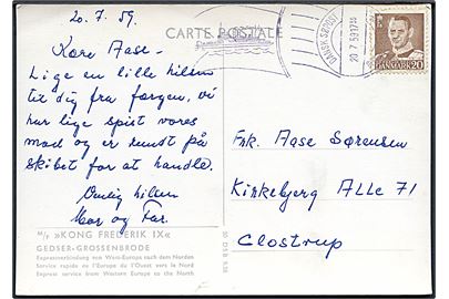 20 øre Fr. IX på brevkort (M/F Kong Frederik IX) annulleret med violet håndrulle skibsstempel Dansk Søpost Gedser-Grossenbrode d. 20.7.1959 til Glostrup.