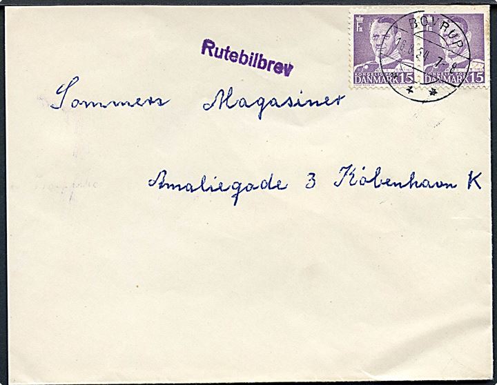15 øre Fr. IX i parstykke på brev annulleret Bovrup d. 16.8.1954 og sidestemplet Rutebilbrev til København.