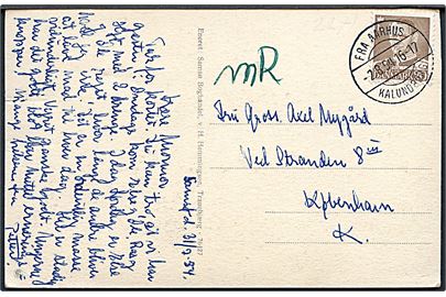 20 øre Fr. IX på brevkort (Langøre, Samsø) dateret Samsø og annulleret med brotype IIc skibsstempel Fra Aarhus Kalundborg d. 2.8.1954 til København.