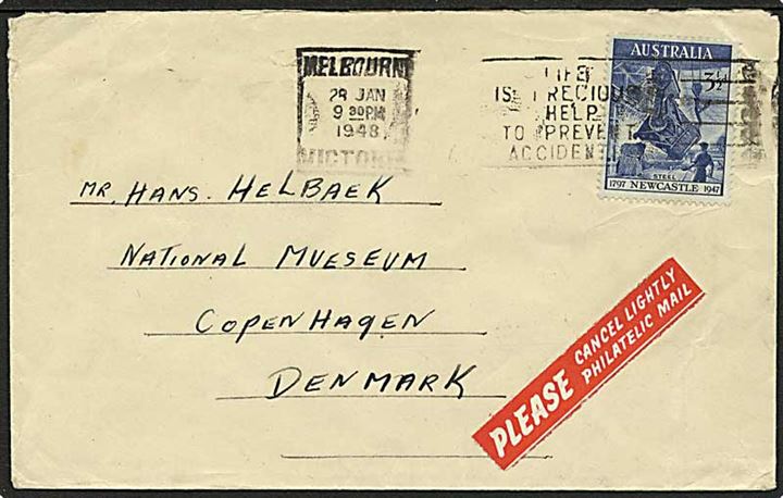 3½d Newcastle 150 år single på brev fra Melbourne d. 28.1.1948 til København, Danmark.