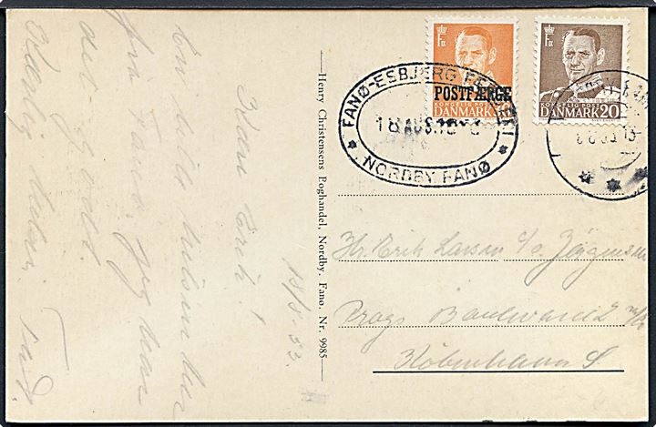 20 øre Fr. IX og 30 øre Fr. IX Postfærgemærke på brevkort (Strandhotellet, Fanø) annulleret med forskellige Nordby Fanø stempler d. 18.3.1953 til København.