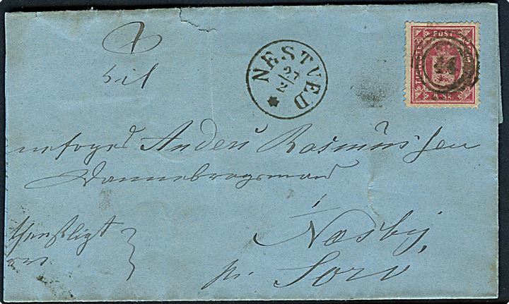 4 sk. Tjenestemærke på brev annulleret med nr.stempel 44 og sidestemplet antiqua Nestved d. 27.2.187x til Næsby pr. Sorø.