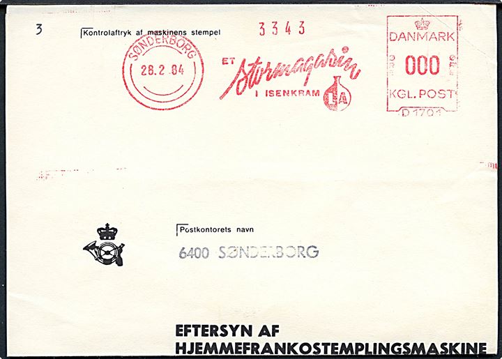 Eftersyn af hjemmefrankostemplingsmaskine formular B93 (2-82 A5) med aftryk af stempel fra Lorenz Andersen A/S i Sønderborg d. 28.2.1984.