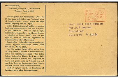5 øre posthusfranko stempel Kh. OMK. d. 26.3.1935 på tryksag fra Statsradiofonien til Lillerød.
