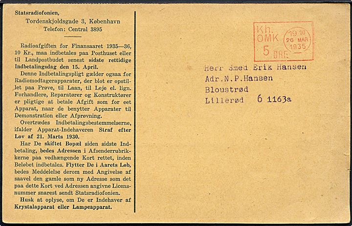 5 øre posthusfranko stempel Kh. OMK. d. 26.3.1935 på tryksag fra Statsradiofonien til Lillerød.