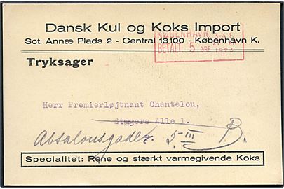 5 øre posthusfranko København d. 27.12.1923 på lokal tryksag - eftersendt.
