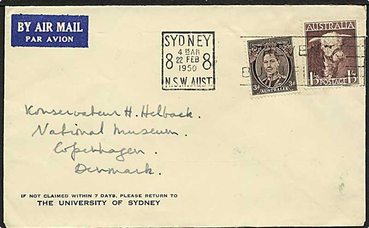 3d George VI og 1'3 sh Okse på luftpostbrev fra Sydney d. 22.2.1950 til København, Danmark.