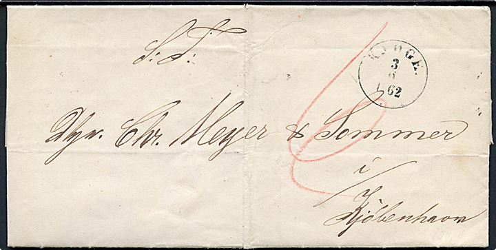 1862. Portobrev med indhold og antiqua Kjöge. d. 3.6.1862 til Kjøbenhavn. Påskrevet 6 sk. porto.
