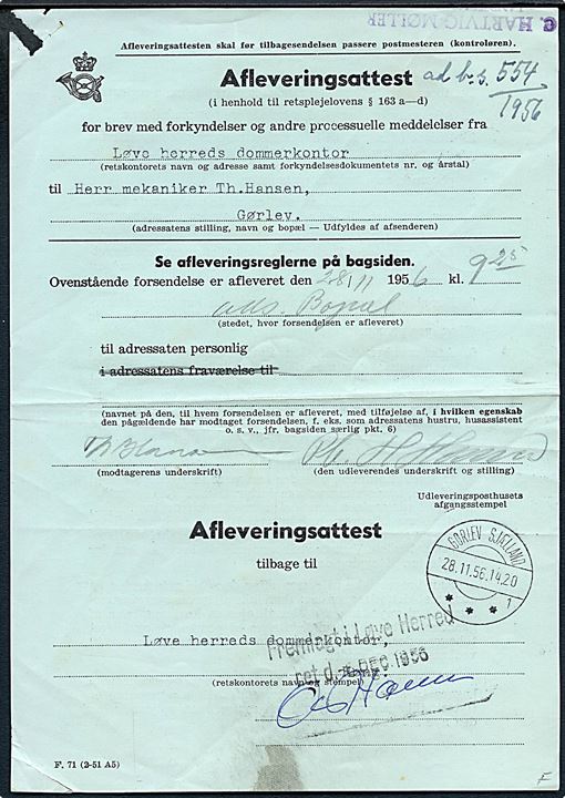 Afleveringsattest - formular F.71 (2-51 A5) stemplet Gørlev Sjælland d. 28.11.1956. 