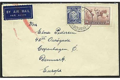1'6 Luftpost og 3d George VI på luftpostbrev stemplet Ship Mail Room Melbourne d. 27.6.1939 til København, Danmark.
