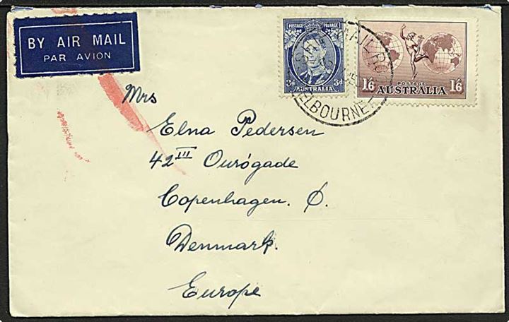 1'6 Luftpost og 3d George VI på luftpostbrev stemplet Ship Mail Room Melbourne d. 27.6.1939 til København, Danmark.