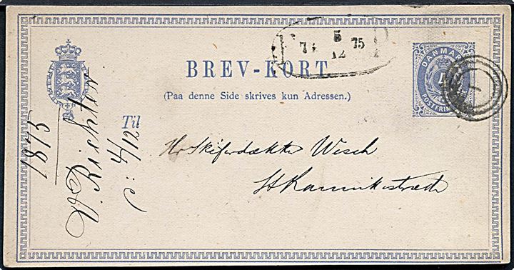 4 øre helsagsbrevkort annulleret med nr.stempel 1 og sidestemplet med sort fodpoststempel F.P. d. 5.12.1875 sendt lokalt i København.