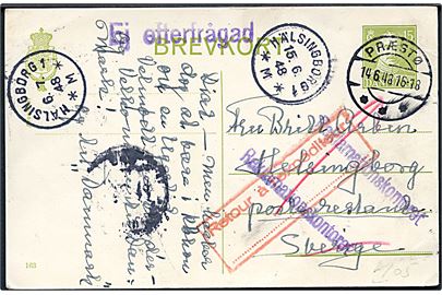 15 øre Chr. X helsagsbrevkort (fabr. 163) fra Præstø d. 14.6.1948 til poste restante i Helsingborg, Sverige. Retur som ikke afhentet med flere stempler.