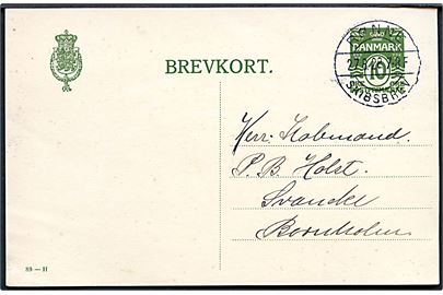 10 øre helsagsbrevkort (fabr. 89-H) fra København annulleret med brotype IIb Rønne Skibsbrev d. 27.8.1922 til Svaneke, Bornholm.
