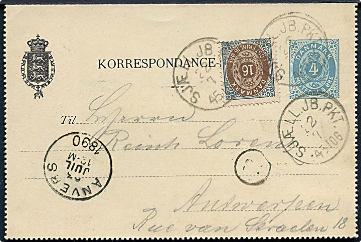 4 øre helsags korrespondancekort opfrankeret med 16 øre Tofarvet omv. rm. annulleret lapidar Sjæll. JB.PKT. d. 22.7.1890 til Antwerpen, Belgien.