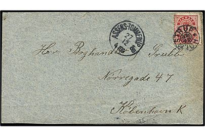 10 øre Våben på brev annulleret med stjernestempel HOLMSTRUP og sidestemplet lapidar Assens - Tommerup JB. d. 27.12.1903 via Odense til Kjøbenhavn.