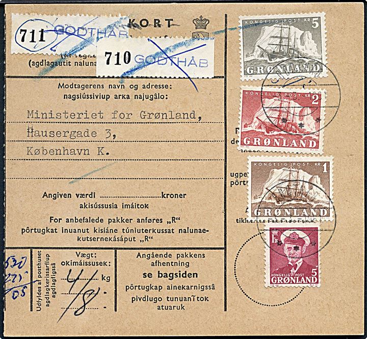 5 øre Fr. IX, 1 kr., 2 kr. og 5 kr. Ishavsskib på adressekort for to pakker fra Godthaab d. 3.3.1961 til Ministeriet for Grønland i København.