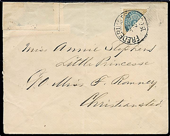 Halveret 4 cents Tofarvet på brev stemplet Frederiksted d. 27.2.1903 til Christiansted. Det af forside bortklippet og bagklap mgl. 