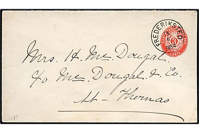3 cents helsagskuvert stemplet Frederiksted d. 15.6.1894 til St. Thomas.