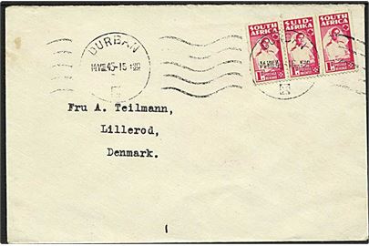1d i 2-sproget 3-stribe på brev fra Durban d. 14,8,1945 til Lillerød, Danmark.
