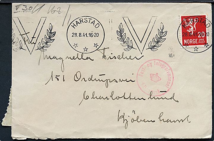 20 øre Løve på brev annulleret med TMS V/Harstad d. 28.8.1941 til Charlottenlund, Danmark. Åbnet af tysk censur i Oslo og passérstemplet ved censuren i København.