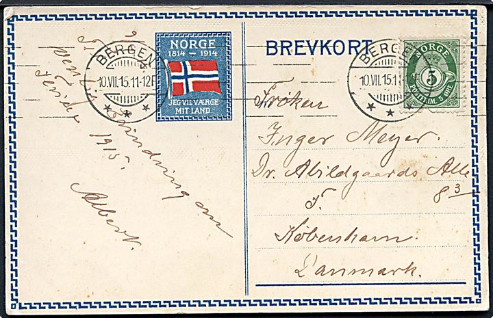 5 øre Posthorn på særligt 100 års brevkort (1814-1914) fra Bergen d. 10.7.1915 til København, Danmark.