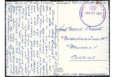 Ufrankeret brevkort dateret Leopoldville og stemplet Organisation Nation Unies au Congo d. 18.1.1961 til Bromma, Sverige. Fra svensk FN-soldat ved Teknikkergruppen i Congo.