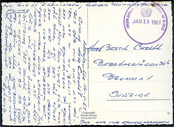 Ufrankeret brevkort dateret Leopoldville og stemplet Organisation Nation Unies au Congo d. 18.1.1961 til Bromma, Sverige. Fra svensk FN-soldat ved Teknikkergruppen i Congo.