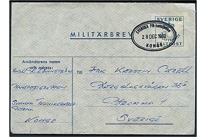 Militärbrev annulleret med ovalt stempel Svenska FN-bataljonen Kongo d. 28.12.1960 til Bromma. Fra svensk FN-soldat i Teknikkergruppen Congo. Svarmærke fjernet.