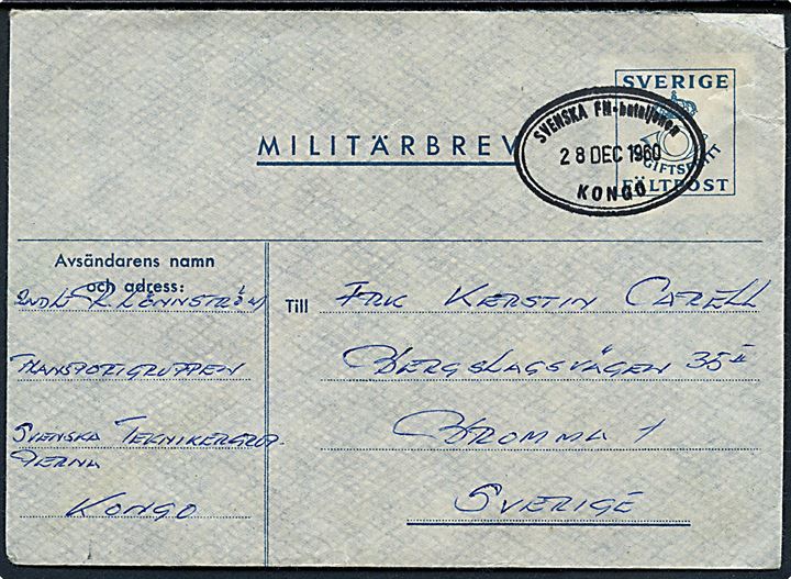 Militärbrev annulleret med ovalt stempel Svenska FN-bataljonen Kongo d. 28.12.1960 til Bromma. Fra svensk FN-soldat i Teknikkergruppen Congo. Svarmærke fjernet.