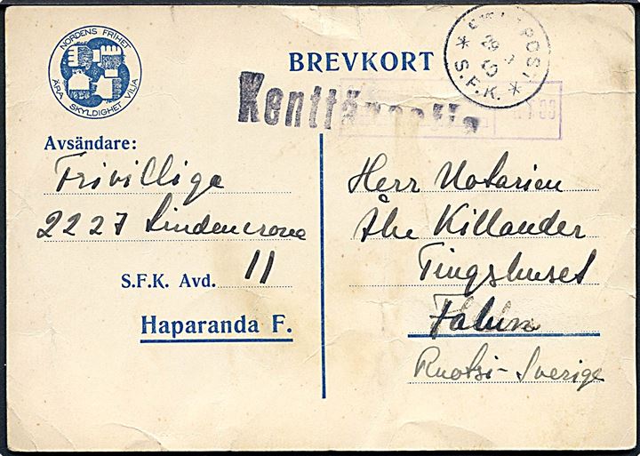 Fortrykt S.F.K. feltpostkort stemplet Fältpost S.F.K. d. 29.3.1940 til Falun, Sverige. Fra svensk frivillig i S.F.K. avd. 11, Haparanda F. med svag finsk censur. 