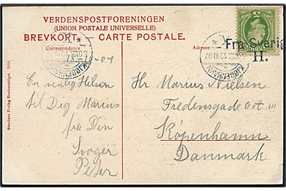 5 öre Oscar II på brevkort annulleret med skibsstempel Fra Sverige H. og sidestemplet Kjøbenhavn d. 19.10.1907 til København, Danmark.