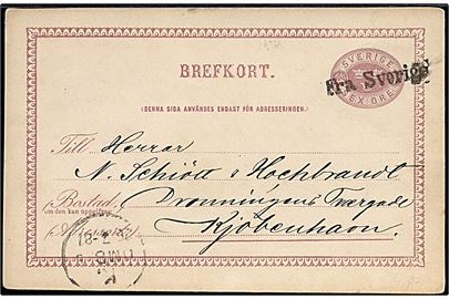 6 öre helsagsbrevkort fra Malmö d. 26.7.1881 annulleret med skibsstempel Fra Sverige og sidestemplet K. OMB. d. 26.7.1881 til København, Danmark.